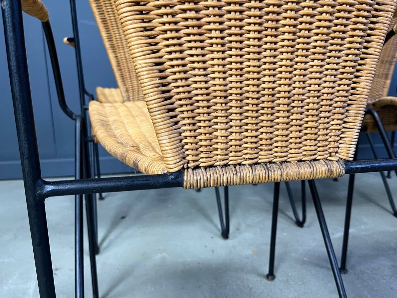 Set of six bistro chairs, brown rattan and wicker, black metal, by F. Weinberg, France, 1960s - 331114