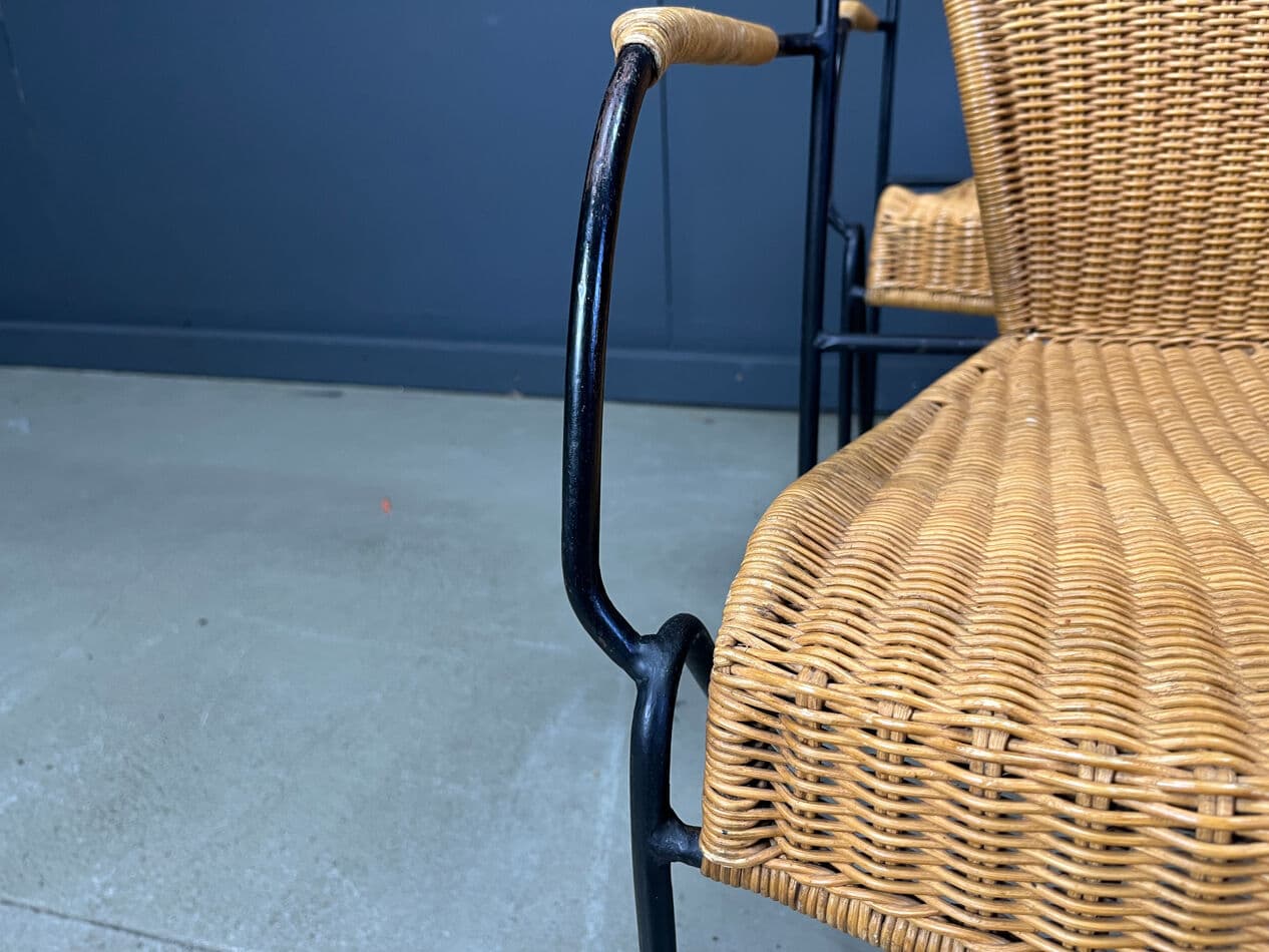 Set of six bistro chairs, brown rattan and wicker, black metal, by F. Weinberg, France, 1960s - 331118