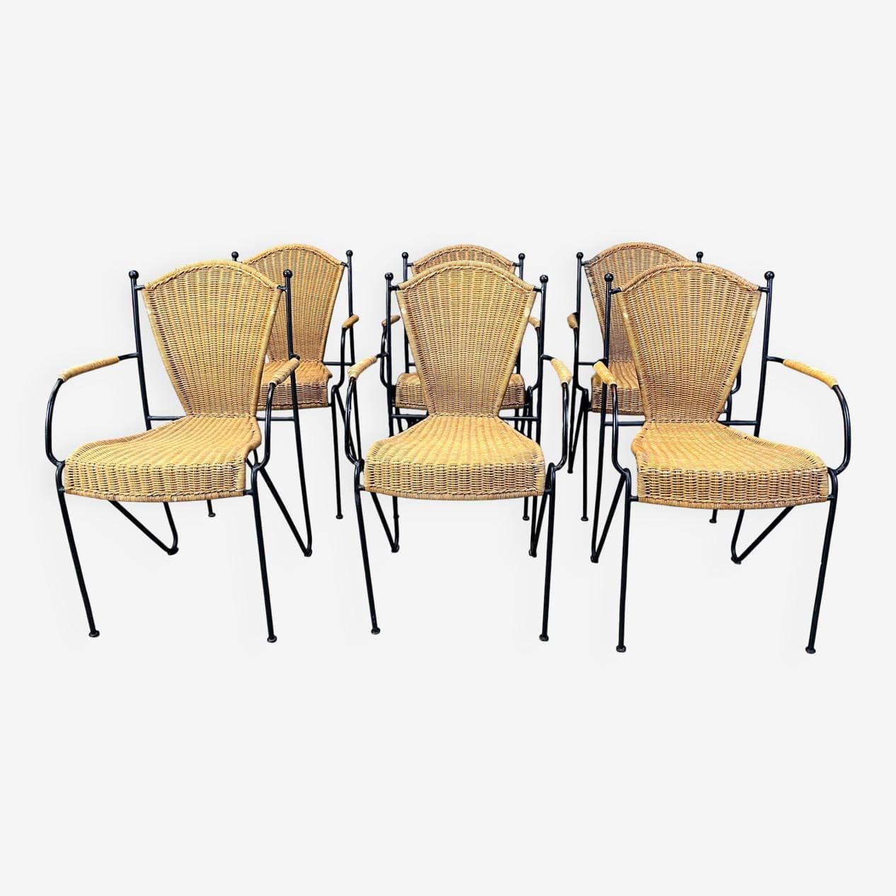 Set of six bistro chairs, brown rattan and wicker, black metal, by F. Weinberg, France, 1960s - 331112
