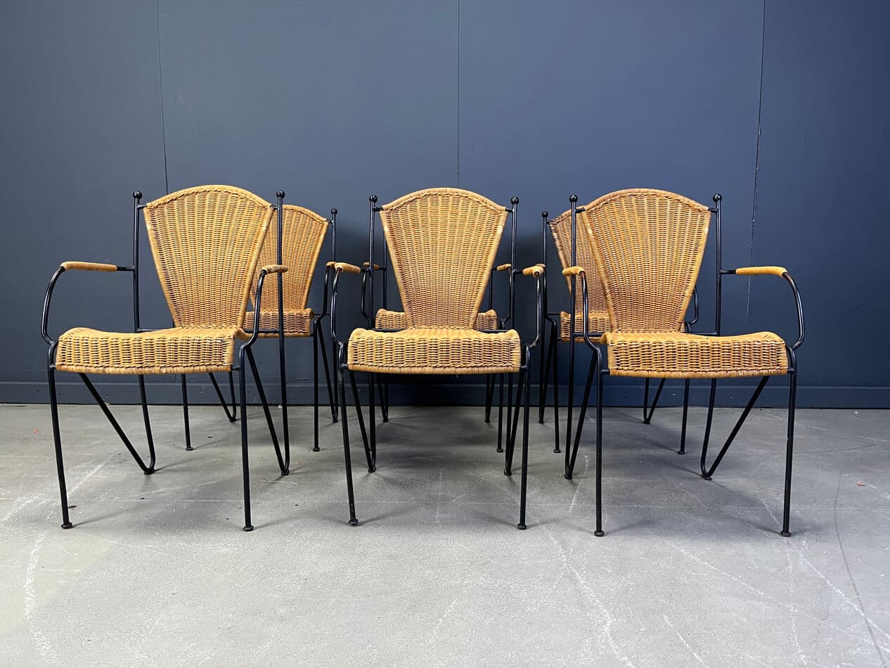 Set of six bistro chairs, brown rattan and wicker, black metal, by F. Weinberg, France, 1960s - 331120