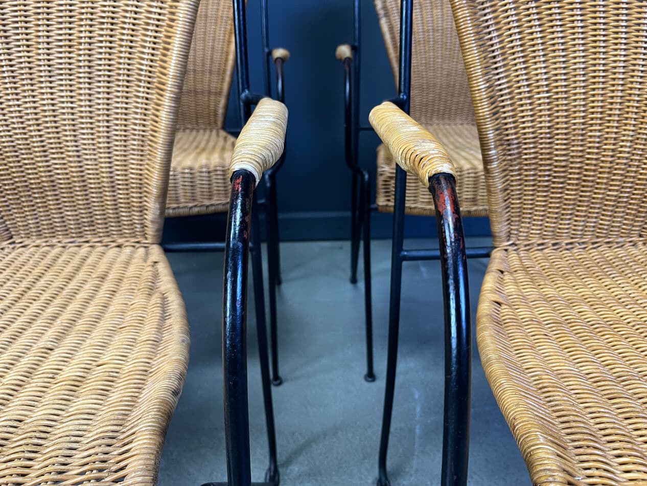Set of six bistro chairs, brown rattan and wicker, black metal, by F. Weinberg, France, 1960s - 331110