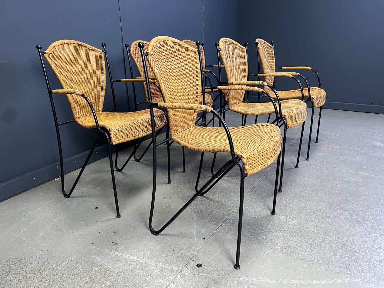 Set of six bistro chairs, brown rattan and wicker, black metal, by F. Weinberg, France, 1960s - 331117