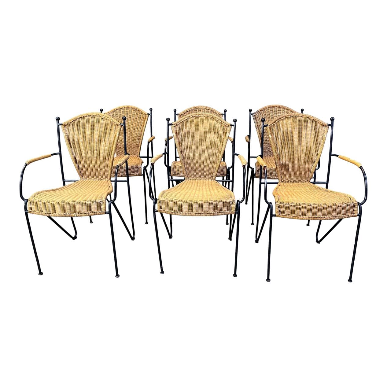 Set of six bistro chairs, brown rattan and wicker, black metal, by F. Weinberg, France, 1960s