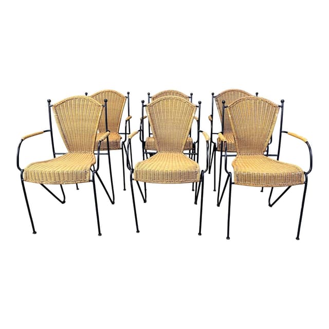 Set of six bistro chairs, brown rattan and wicker, black metal, by F. Weinberg, France, 1960s - DIMENSION
