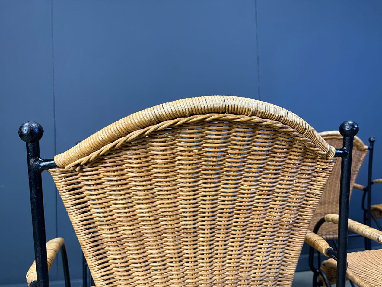 Set of six bistro chairs, brown rattan and wicker, black metal, by F. Weinberg, France, 1960s - 331115