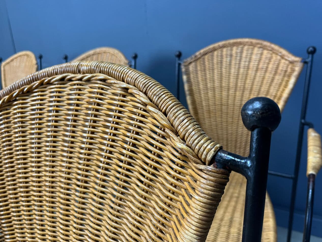 Set of six bistro chairs, brown rattan and wicker, black metal, by F. Weinberg, France, 1960s - 331113