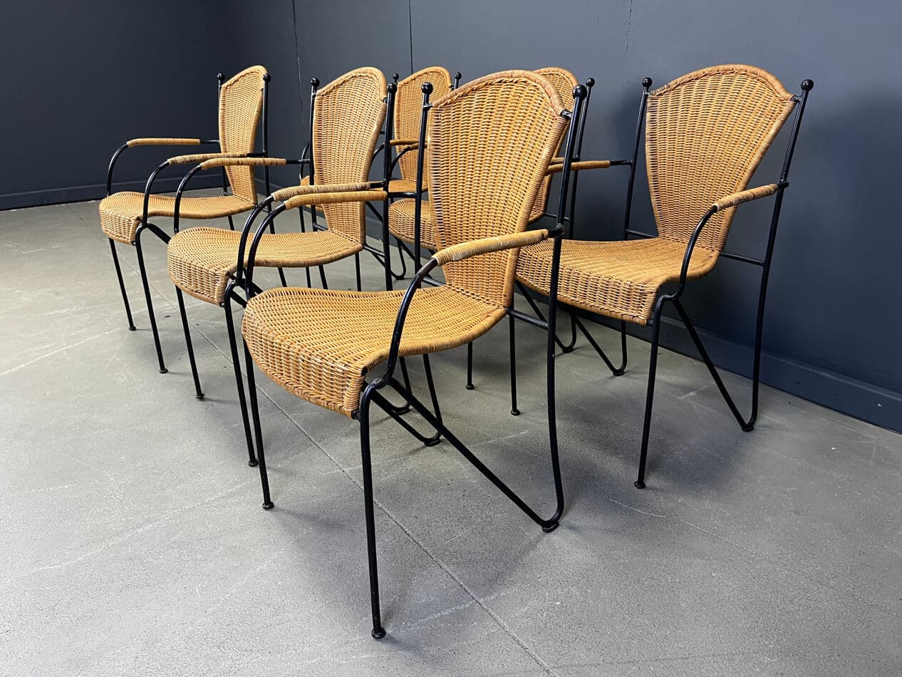 Set of six bistro chairs, brown rattan and wicker, black metal, by F. Weinberg, France, 1960s - 331119