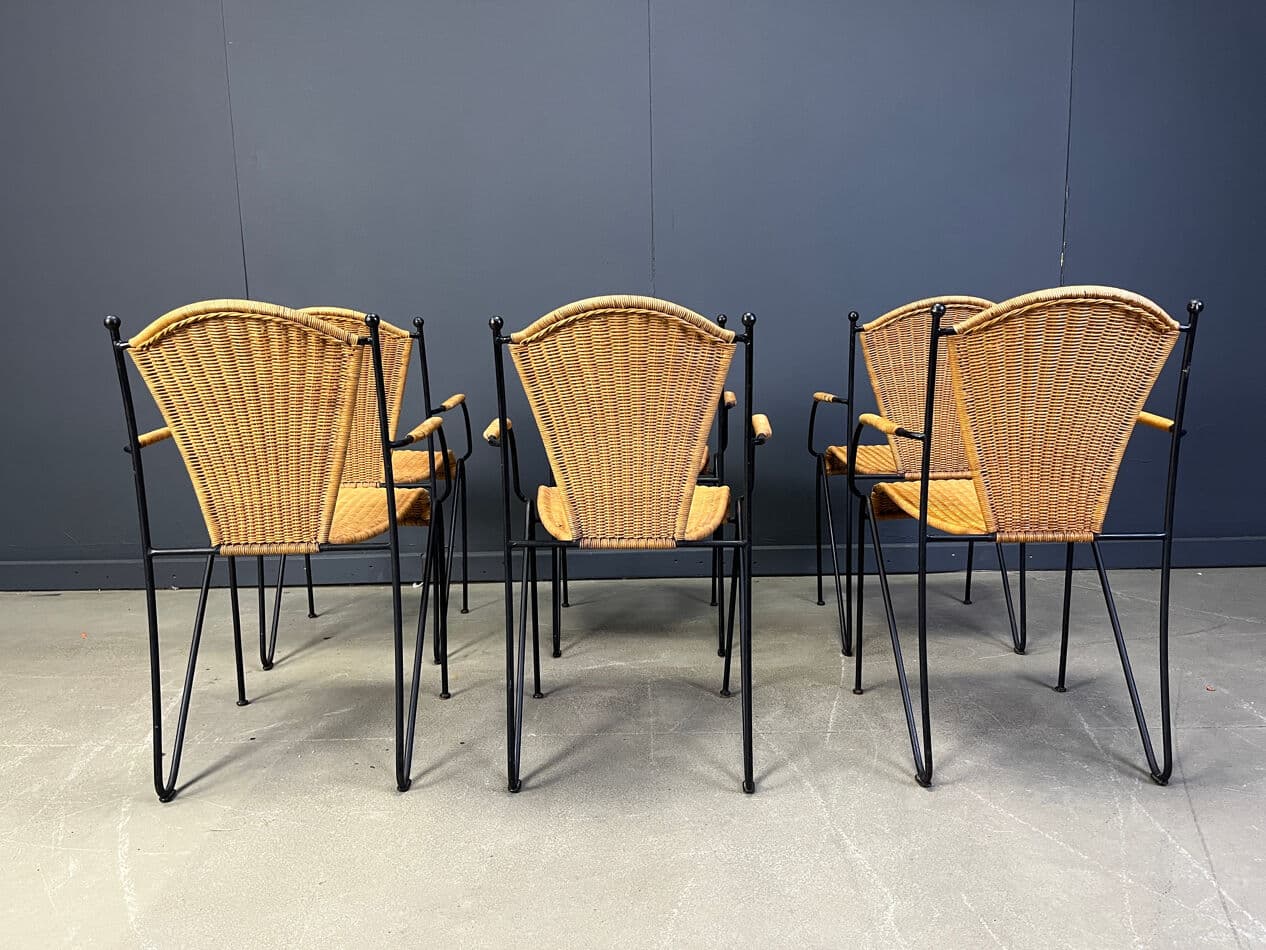 Set of six bistro chairs, brown rattan and wicker, black metal, by F. Weinberg, France, 1960s - 331116