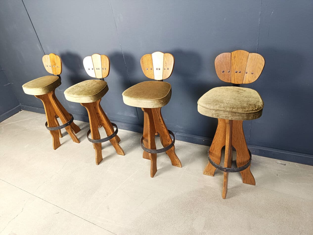 Set of four brutalist bar stools, brown wood, green fabric, black metal, Belgium, 1960s. - 331101