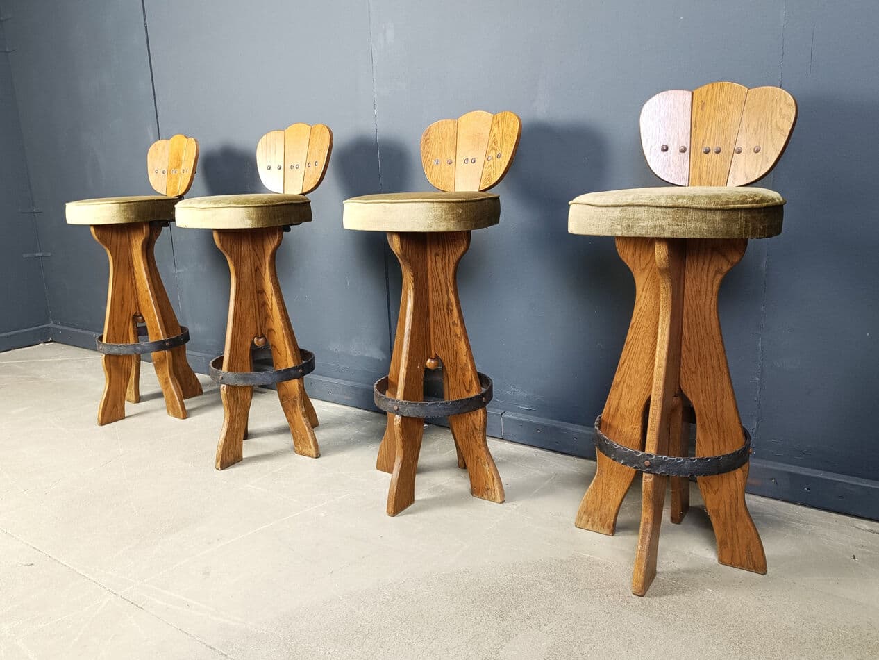Set of four brutalist bar stools, brown wood, green fabric, black metal, Belgium, 1960s. - 331104