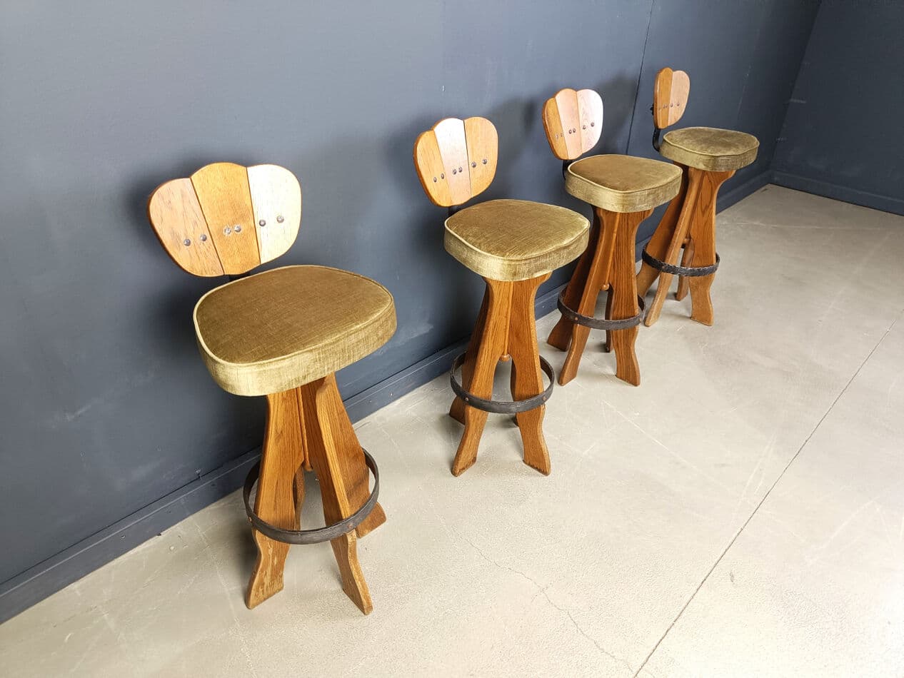 Set of four brutalist bar stools, brown wood, green fabric, black metal, Belgium, 1960s. - 331106