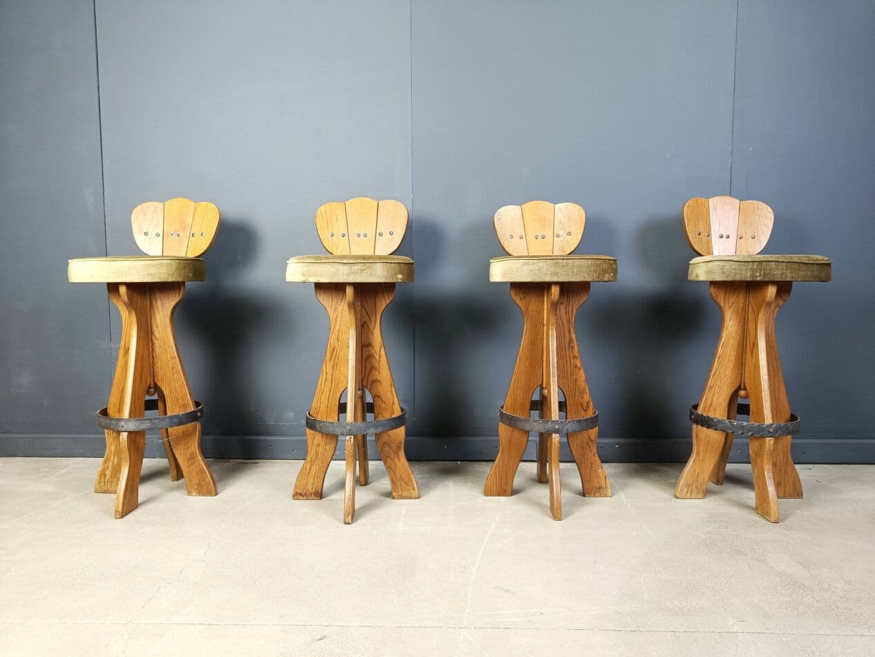 Set of four brutalist bar stools, brown wood, green fabric, black metal, Belgium, 1960s. - 331102