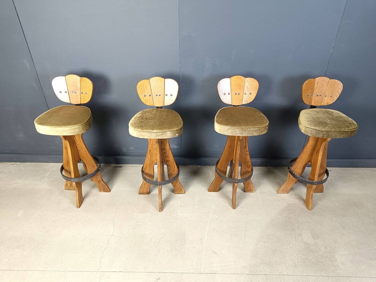 Set of four brutalist bar stools, brown wood, green fabric, black metal, Belgium, 1960s. - 331108
