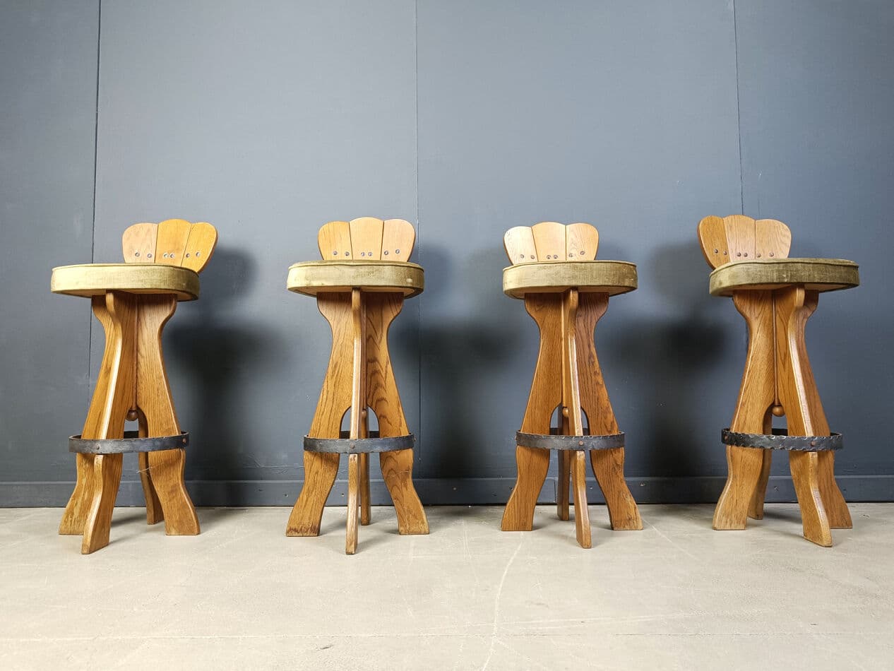 Set of four brutalist bar stools, brown wood, green fabric, black metal, Belgium, 1960s. - 331103
