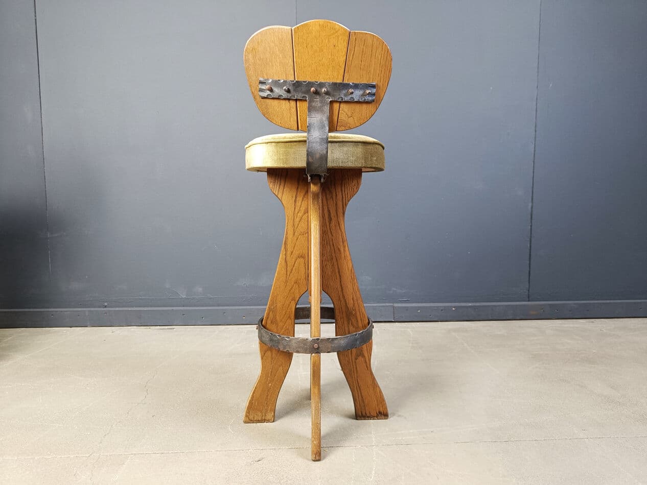 Set of four brutalist bar stools, brown wood, green fabric, black metal, Belgium, 1960s. - 331099