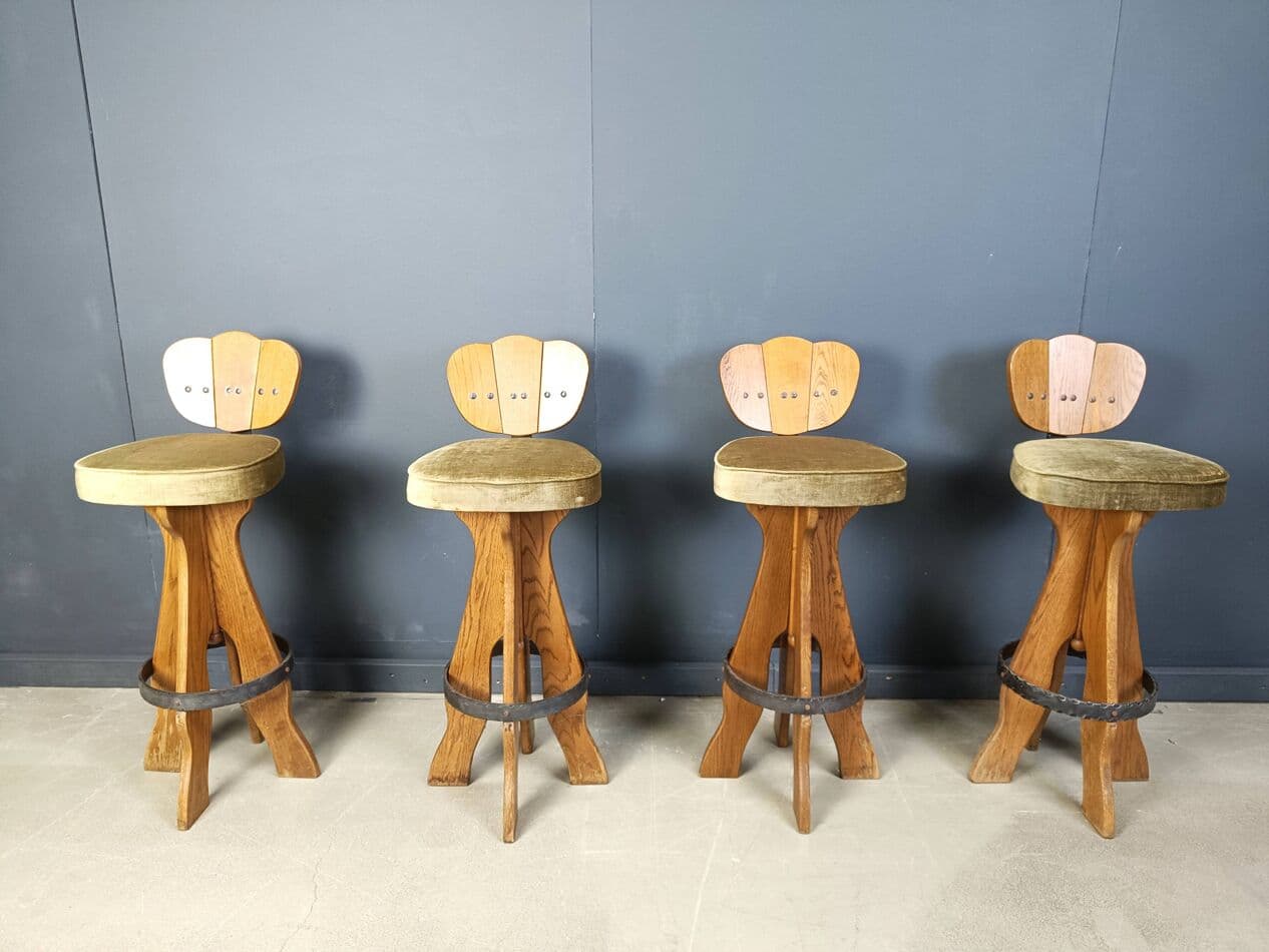 Set of four brutalist bar stools, brown wood, green fabric, black metal, Belgium, 1960s. - 331098