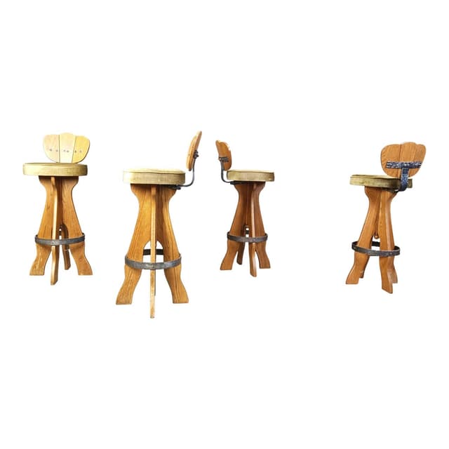 Set of four brutalist bar stools, brown wood, green fabric, black metal, Belgium, 1960s. - DIMENSION