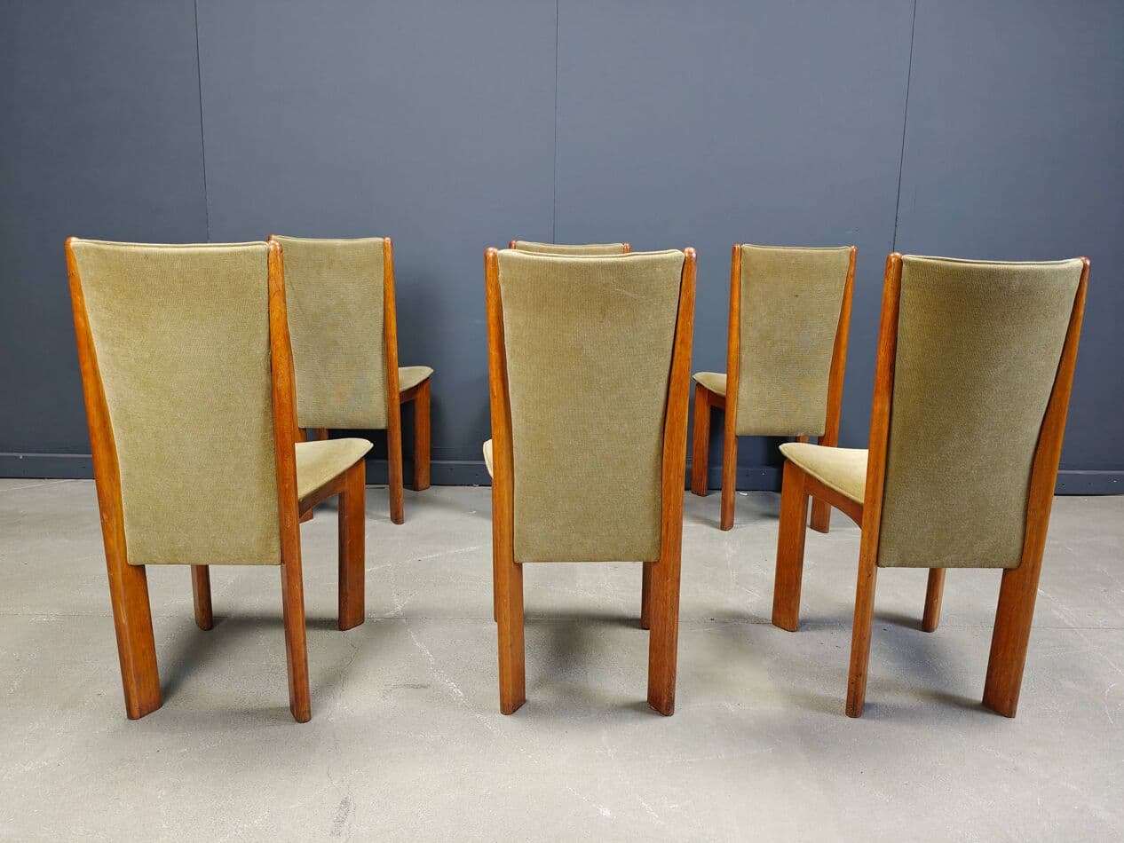 Set of six dining chairs, green velvet, brown wood, Denmark, 1970s. - 331094
