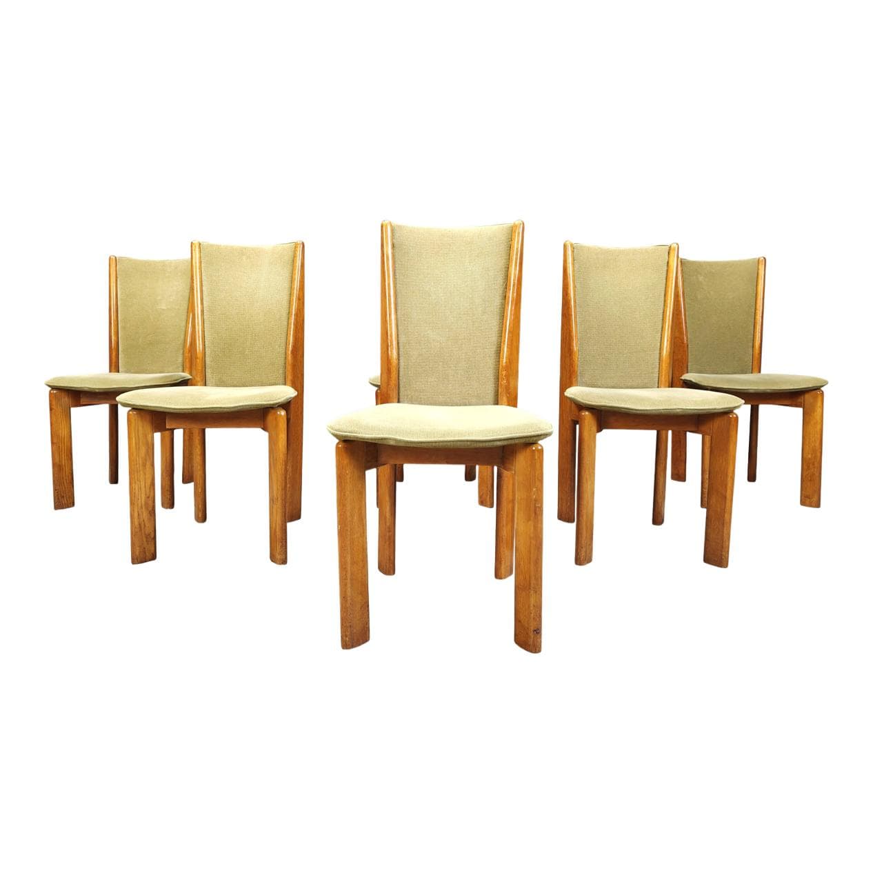 Set of six dining chairs, green velvet, brown wood, Denmark, 1970s.