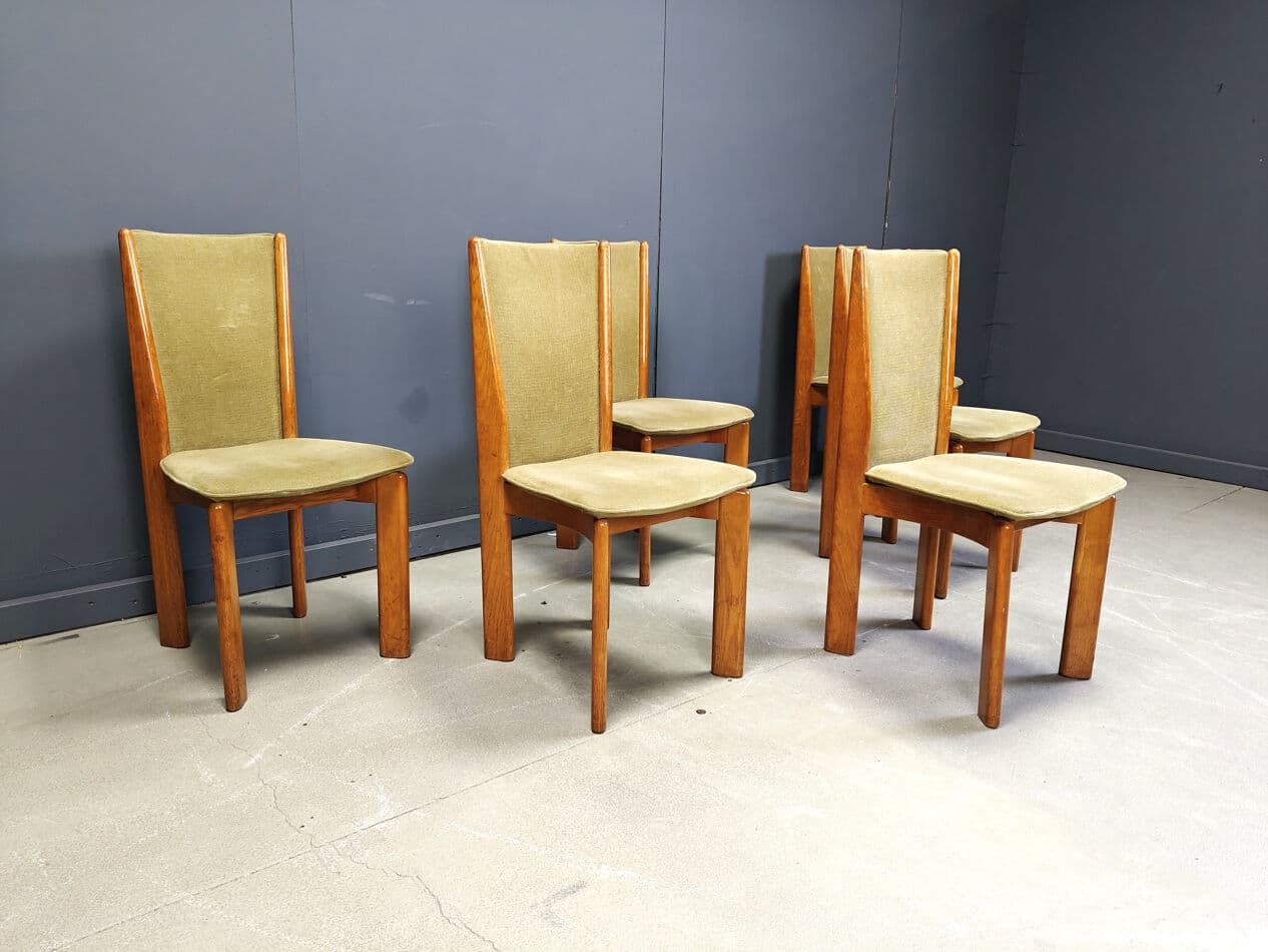 Set of six dining chairs, green velvet, brown wood, Denmark, 1970s. - 331092
