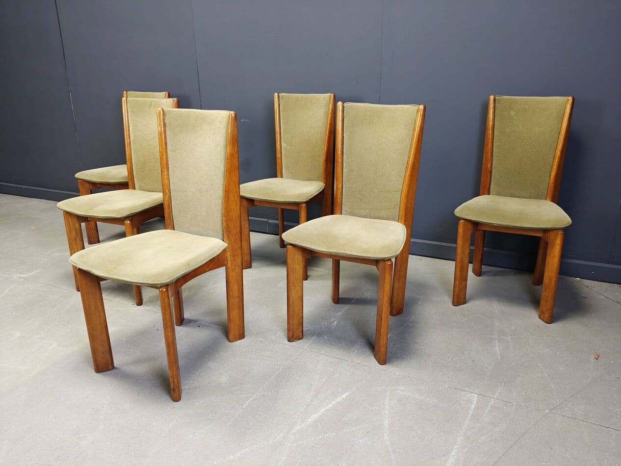 Set of six dining chairs, green velvet, brown wood, Denmark, 1970s. - 331091