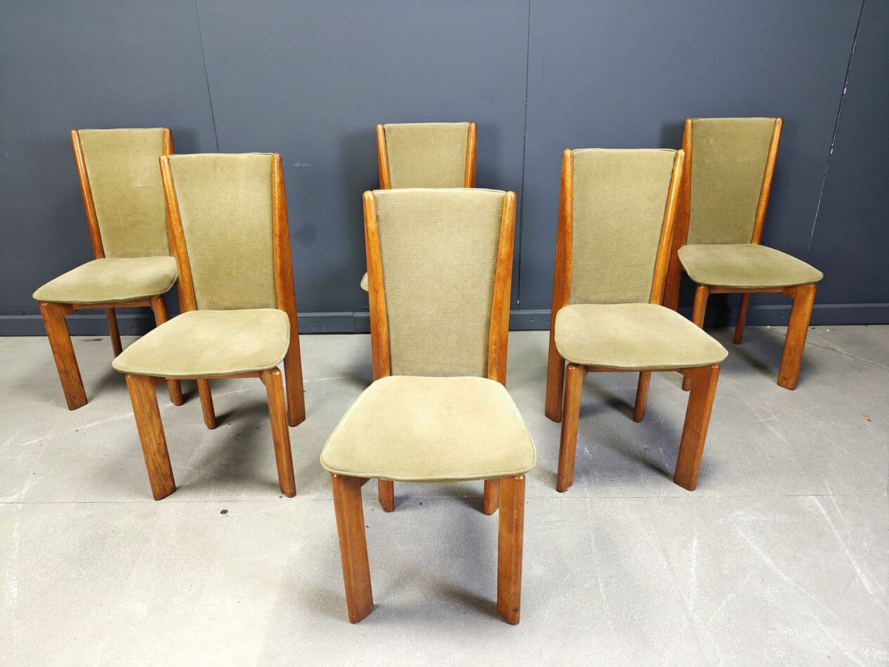 Set of six dining chairs, green velvet, brown wood, Denmark, 1970s. - 331089
