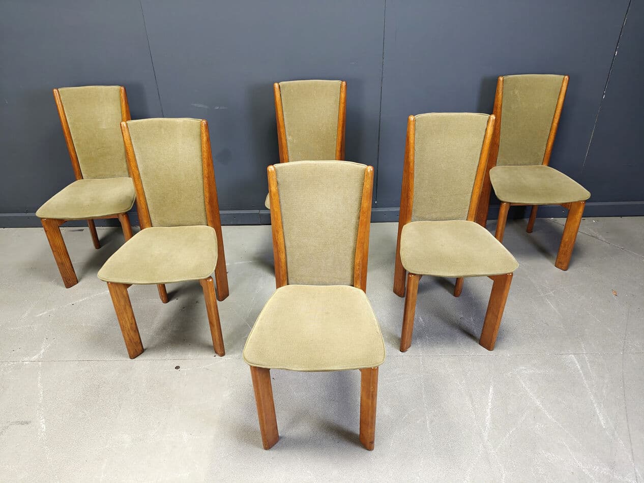 Set of six dining chairs, green velvet, brown wood, Denmark, 1970s. - 331086