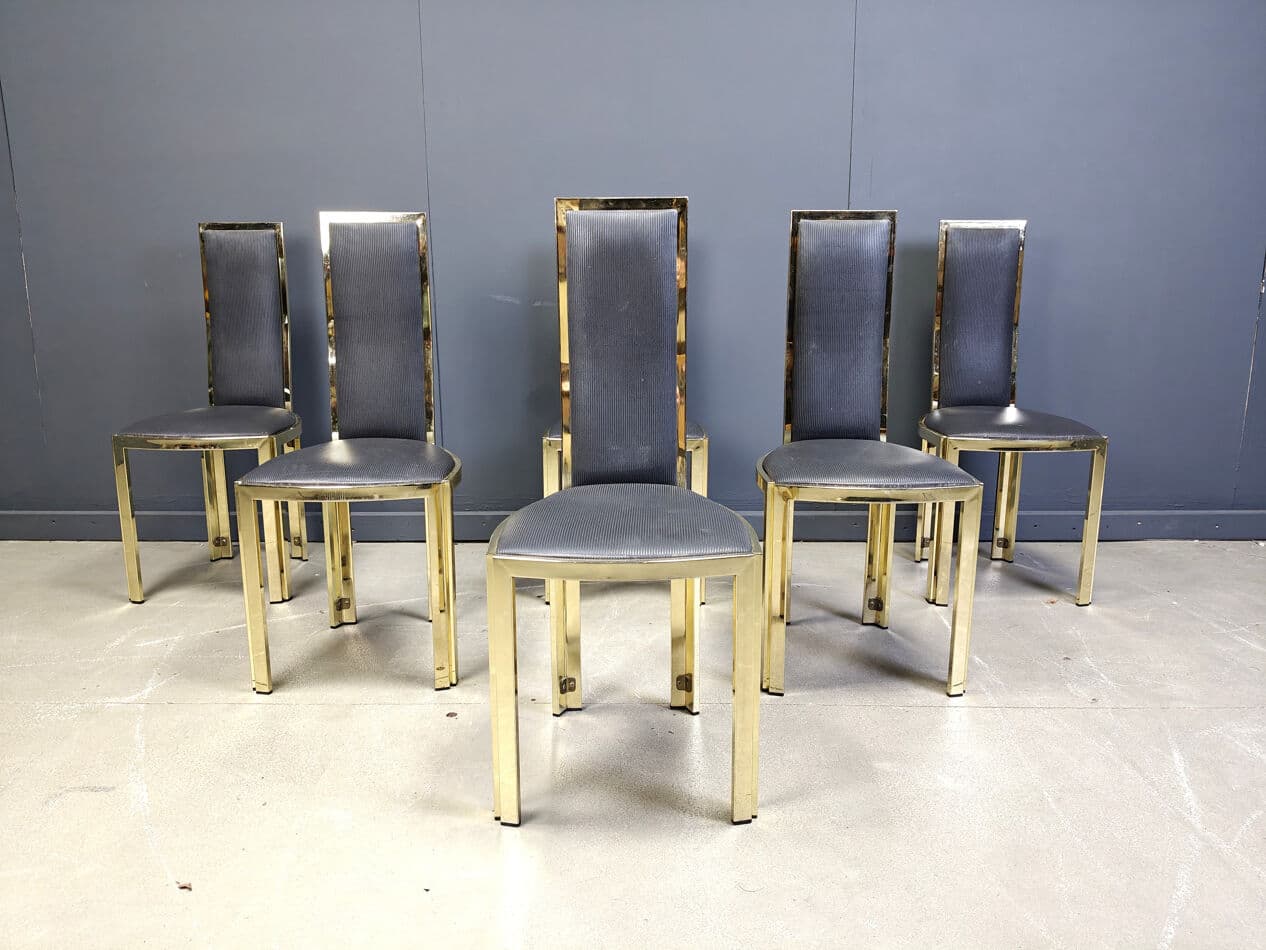 Set of six dining chairs, black upholstery, gold brass, Belgium, 1970s. - 331074