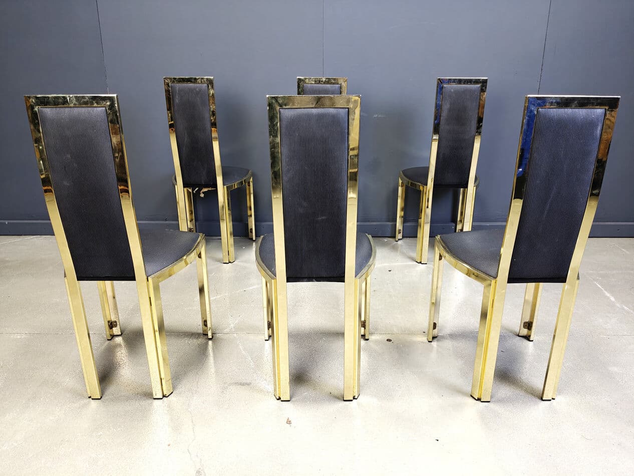 Set of six dining chairs, black upholstery, gold brass, Belgium, 1970s. - 331075