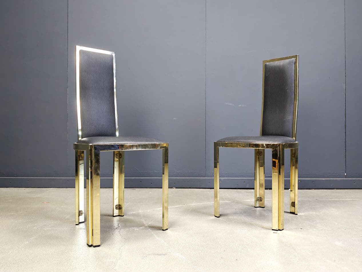 Set of six dining chairs, black upholstery, gold brass, Belgium, 1970s. - 331084