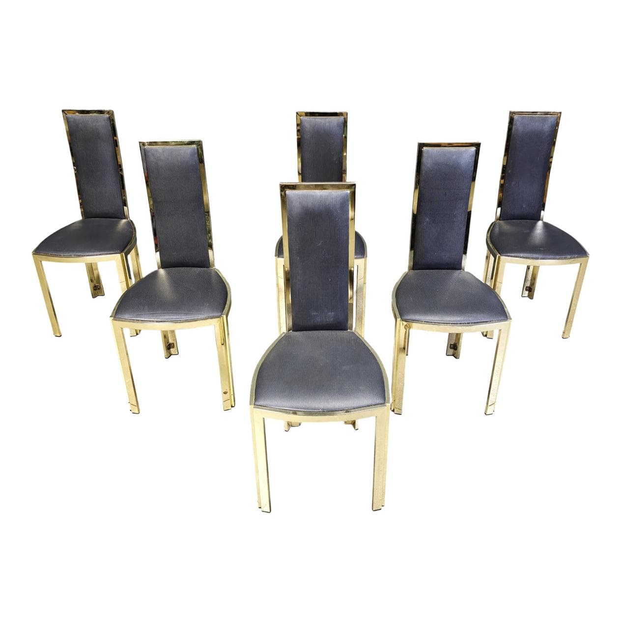 Set of six dining chairs, black upholstery, gold brass, Belgium, 1970s.
