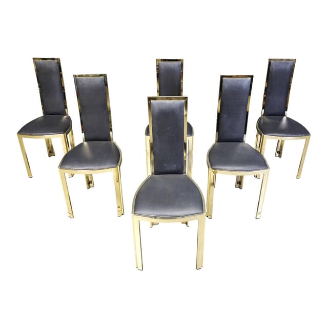 Set of six dining chairs, black upholstery, gold brass, Belgium, 1970s. - DIMENSION