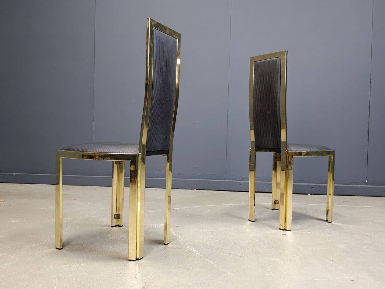Set of six dining chairs, black upholstery, gold brass, Belgium, 1970s. - 331082