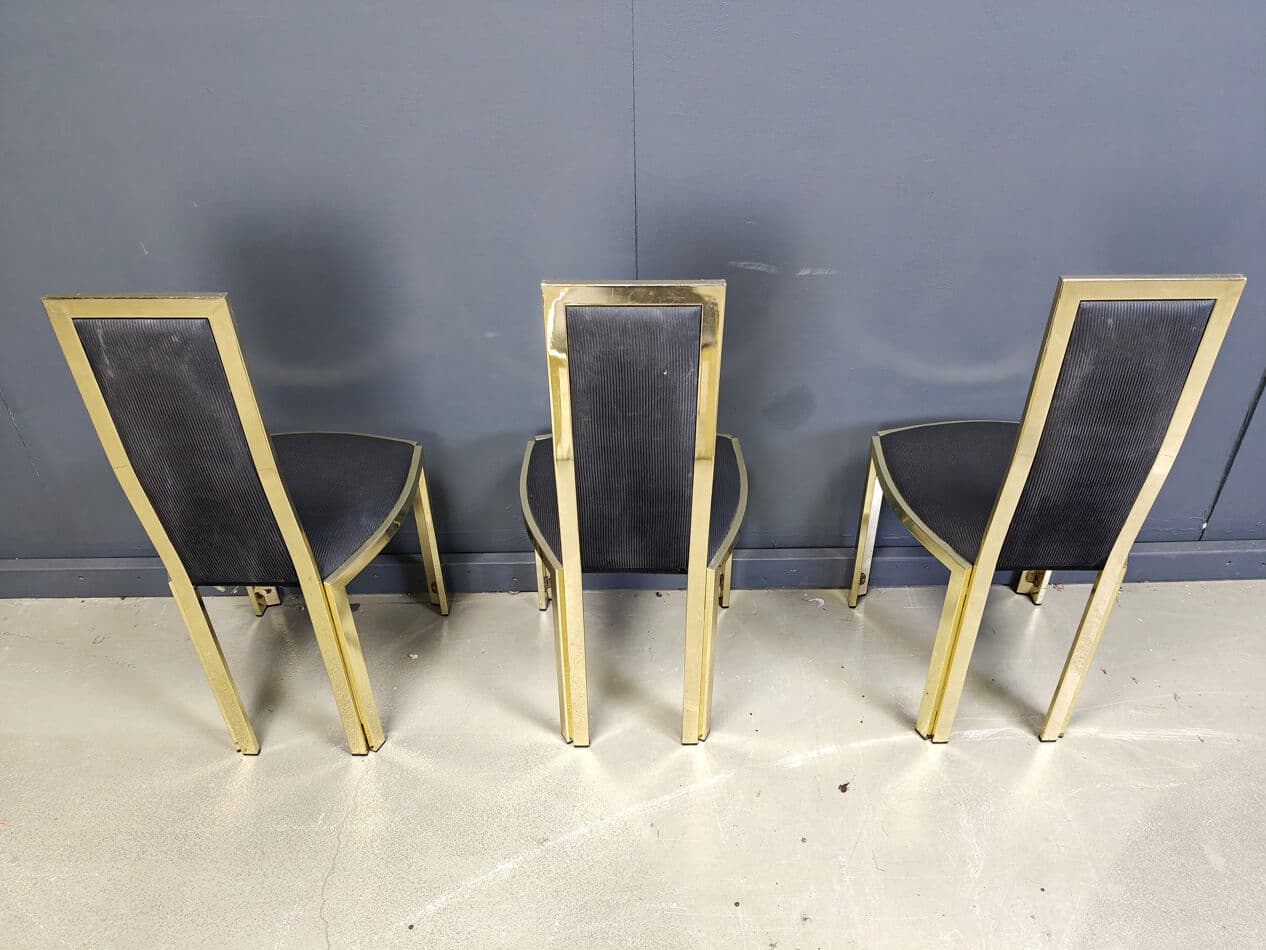 Set of six dining chairs, black upholstery, gold brass, Belgium, 1970s. - 331081