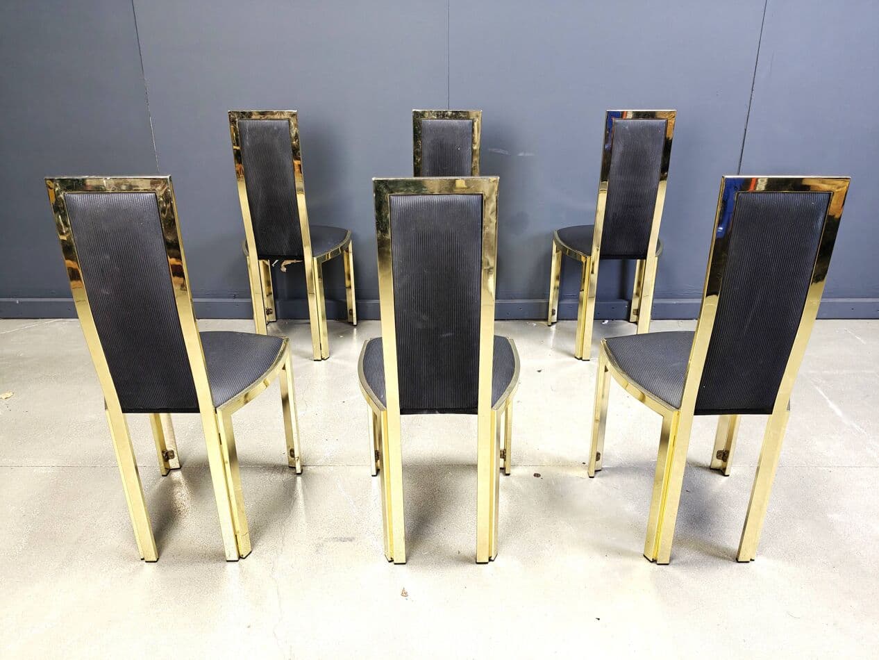 Set of six dining chairs, black upholstery, gold brass, Belgium, 1970s. - 331080