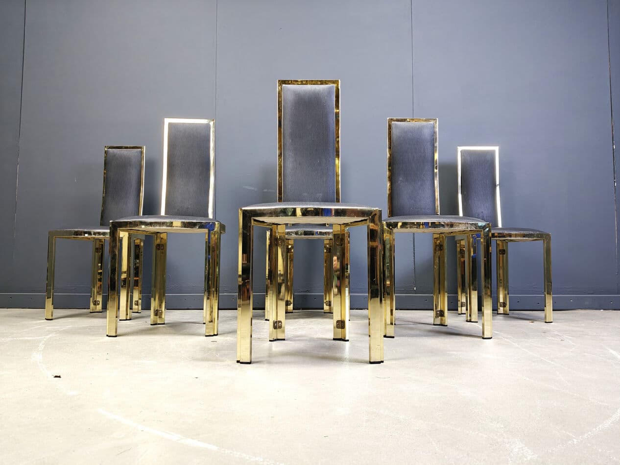 Set of six dining chairs, black upholstery, gold brass, Belgium, 1970s. - 331077