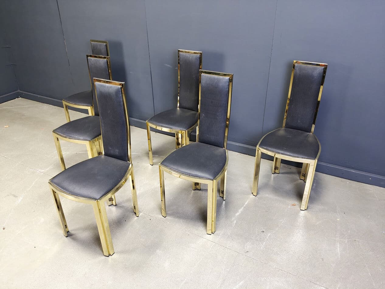 Set of six dining chairs, black upholstery, gold brass, Belgium, 1970s. - 331079
