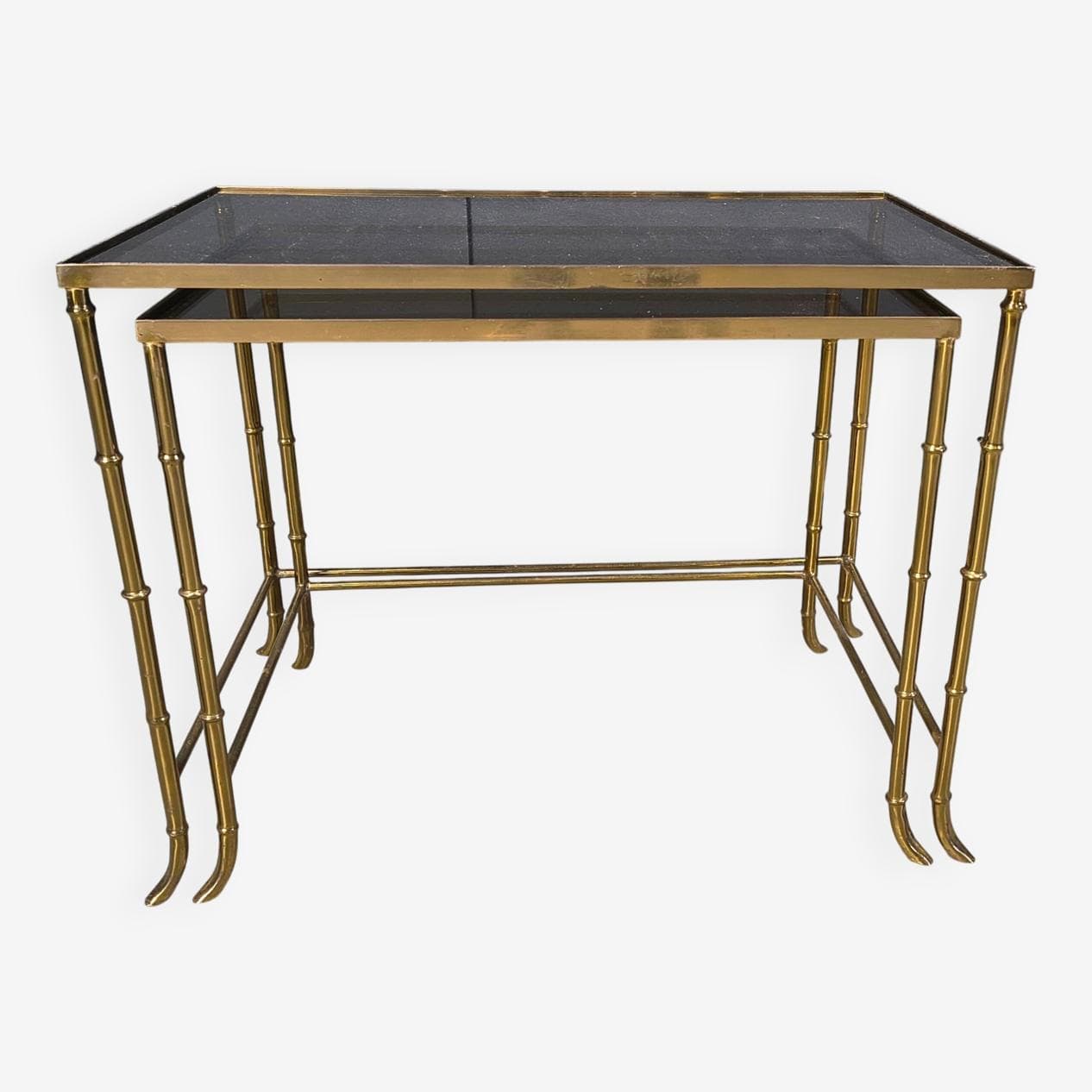 Set of two nesting tables, faux bamboo, gold brass, transparent glass, Belgium, 1970s. - 331064