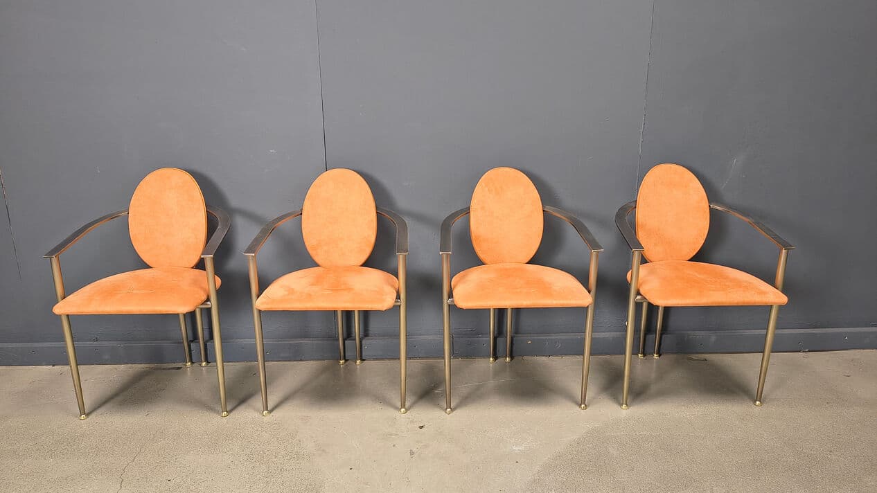 Set of four dining chairs, Belgochrom, orange suede, brushed metal, Belgium, 1980s. - 331055