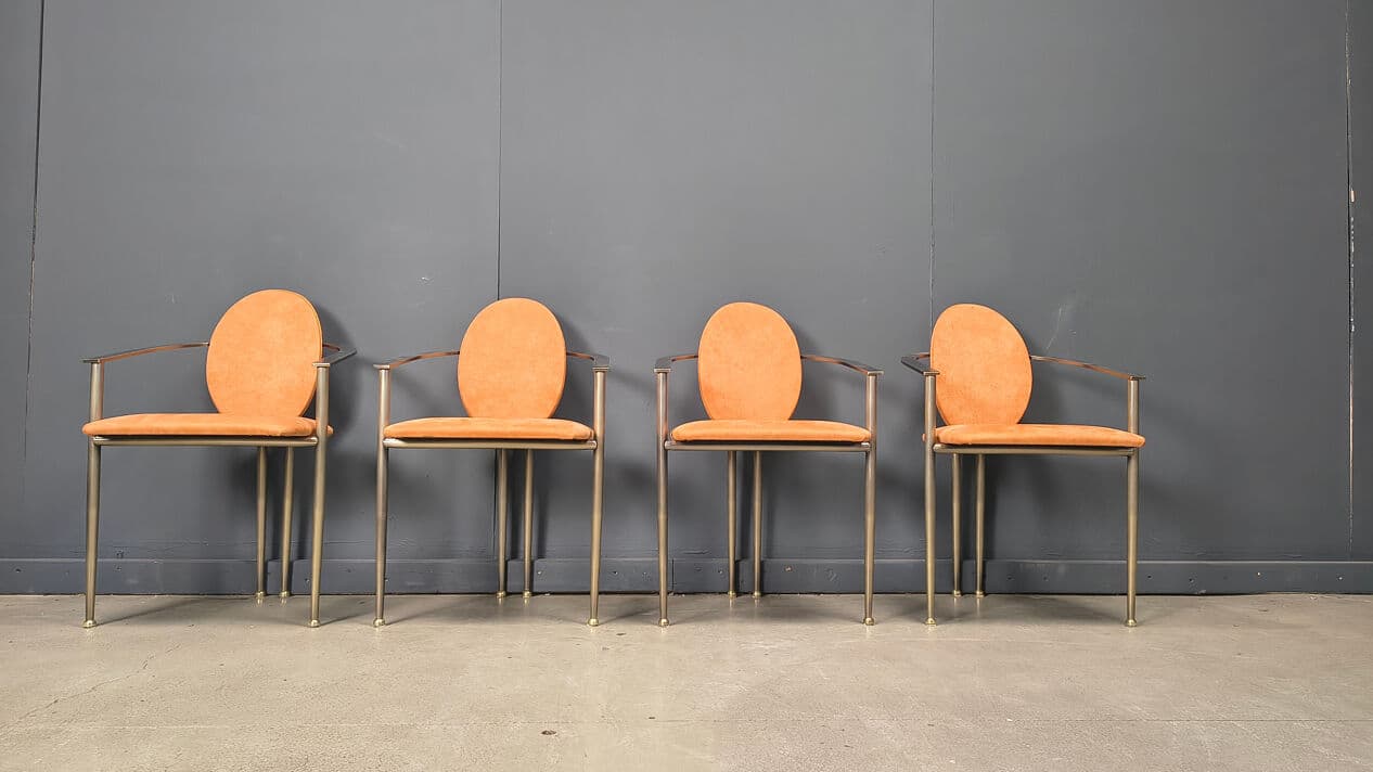 Set of four dining chairs, Belgochrom, orange suede, brushed metal, Belgium, 1980s. - 331050