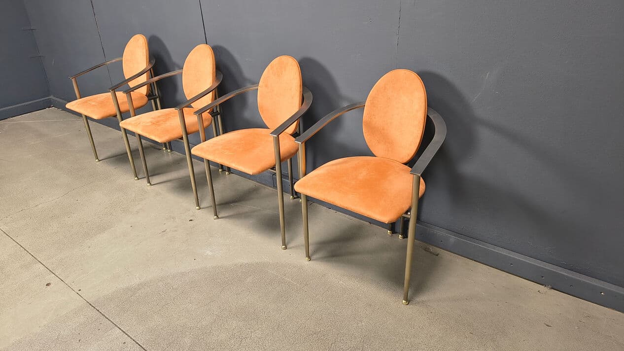 Set of four dining chairs, Belgochrom, orange suede, brushed metal, Belgium, 1980s. - 331057