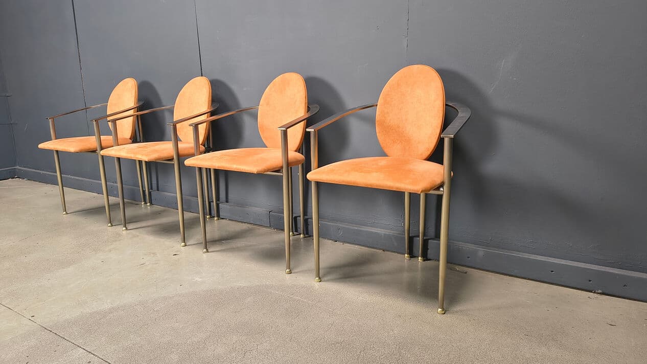 Set of four dining chairs, Belgochrom, orange suede, brushed metal, Belgium, 1980s. - 331058