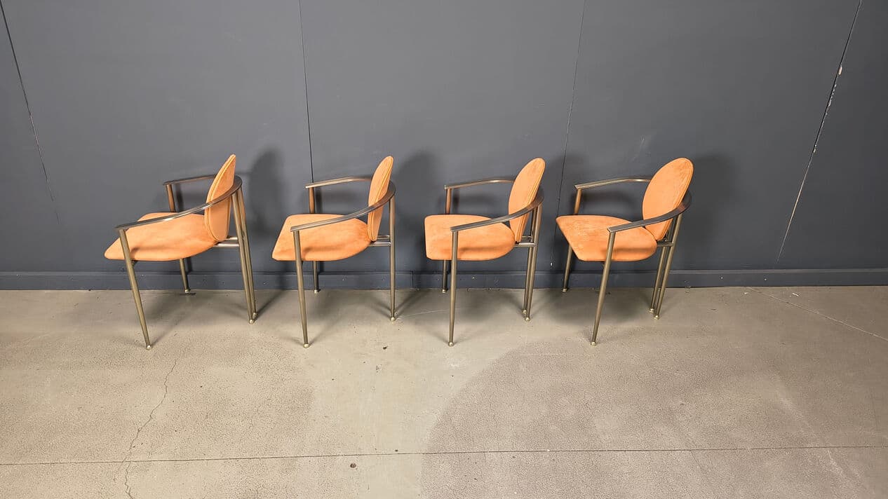 Set of four dining chairs, Belgochrom, orange suede, brushed metal, Belgium, 1980s. - 331059