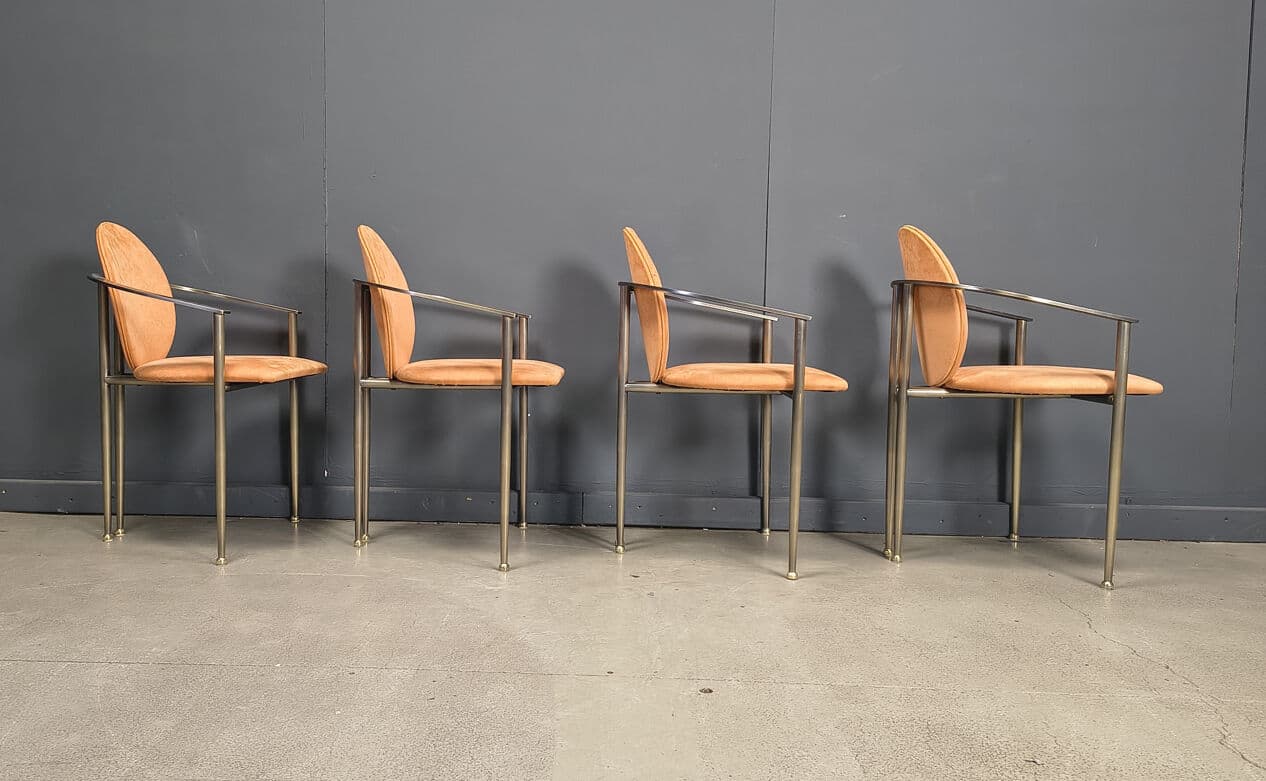 Set of four dining chairs, Belgochrom, orange suede, brushed metal, Belgium, 1980s. - 331060