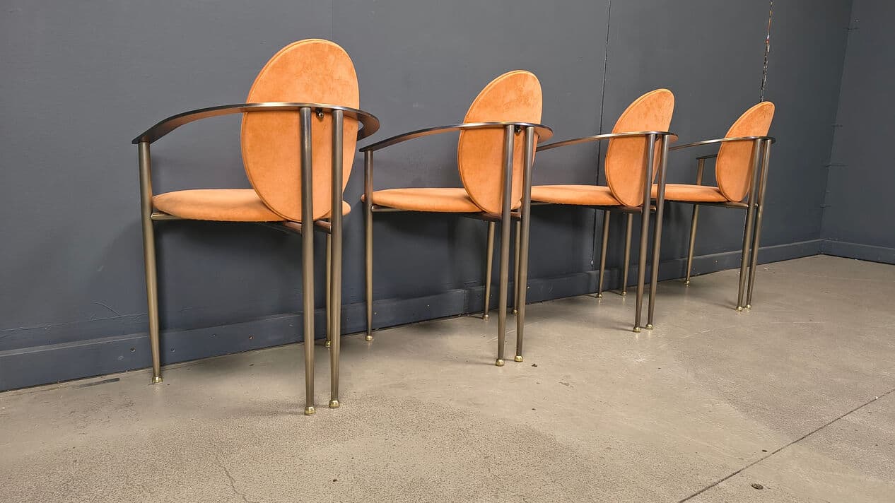 Set of four dining chairs, Belgochrom, orange suede, brushed metal, Belgium, 1980s. - 331051