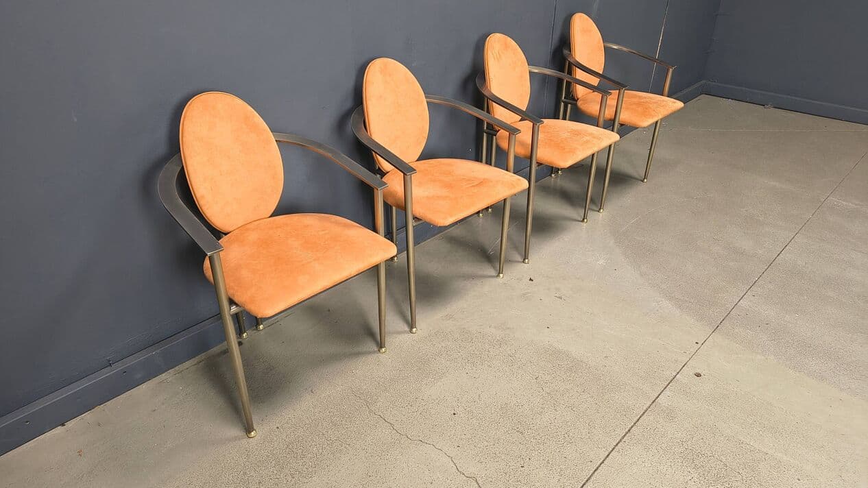 Set of four dining chairs, Belgochrom, orange suede, brushed metal, Belgium, 1980s. - 331054