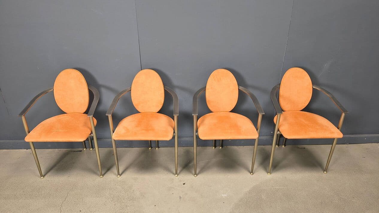 Set of four dining chairs, Belgochrom, orange suede, brushed metal, Belgium, 1980s. - 331053