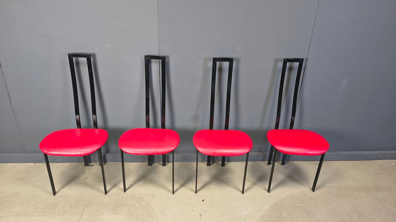 Set of four chairs Carre VI, black metal, red fabric, by M. Cattelan, Cattelan Italia, Italy, 1980s. - 331026