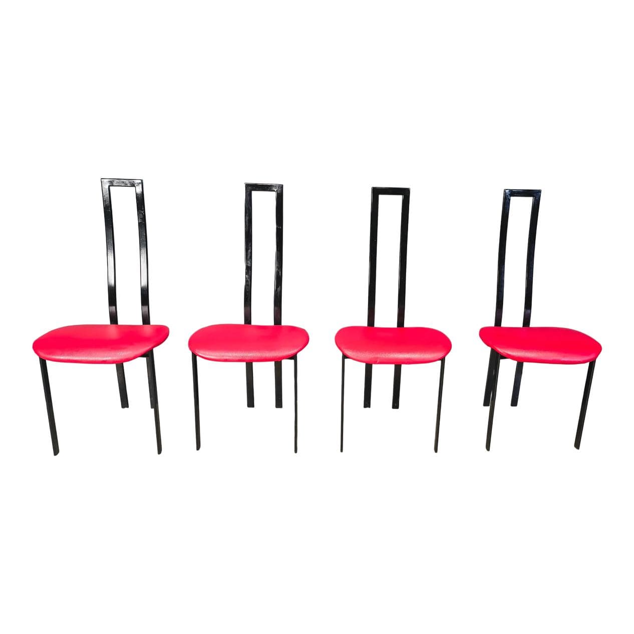 Set of four chairs Carre VI, black metal, red fabric, by M. Cattelan, Cattelan Italia, Italy, 1980s.