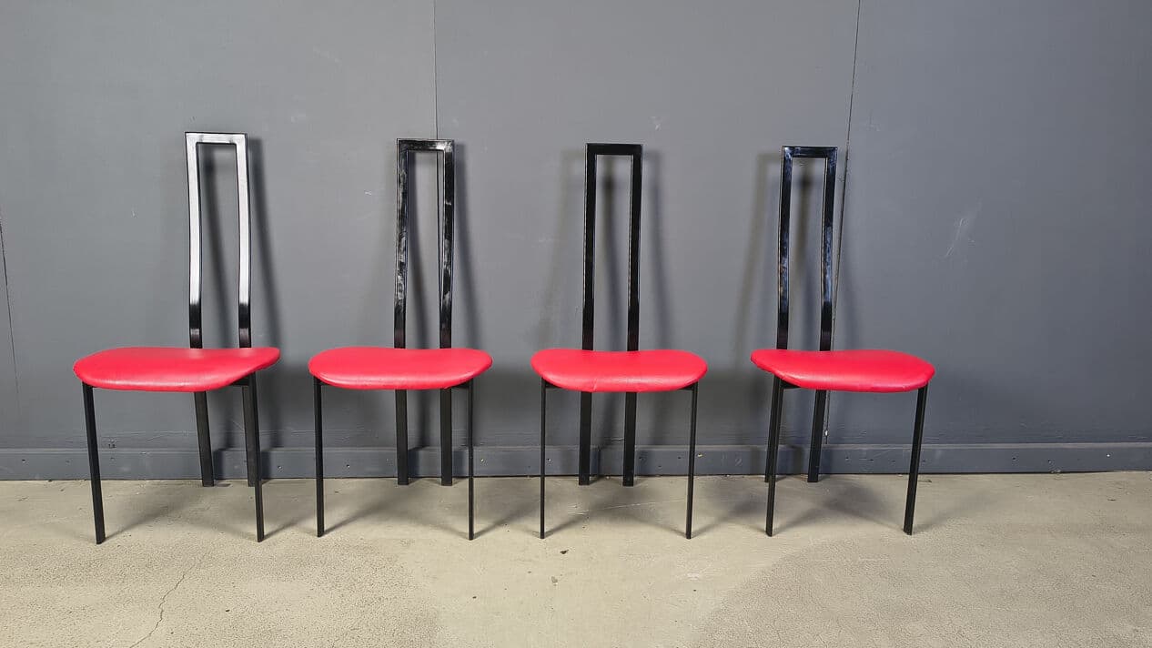 Set of four chairs Carre VI, black metal, red fabric, by M. Cattelan, Cattelan Italia, Italy, 1980s. - 331029